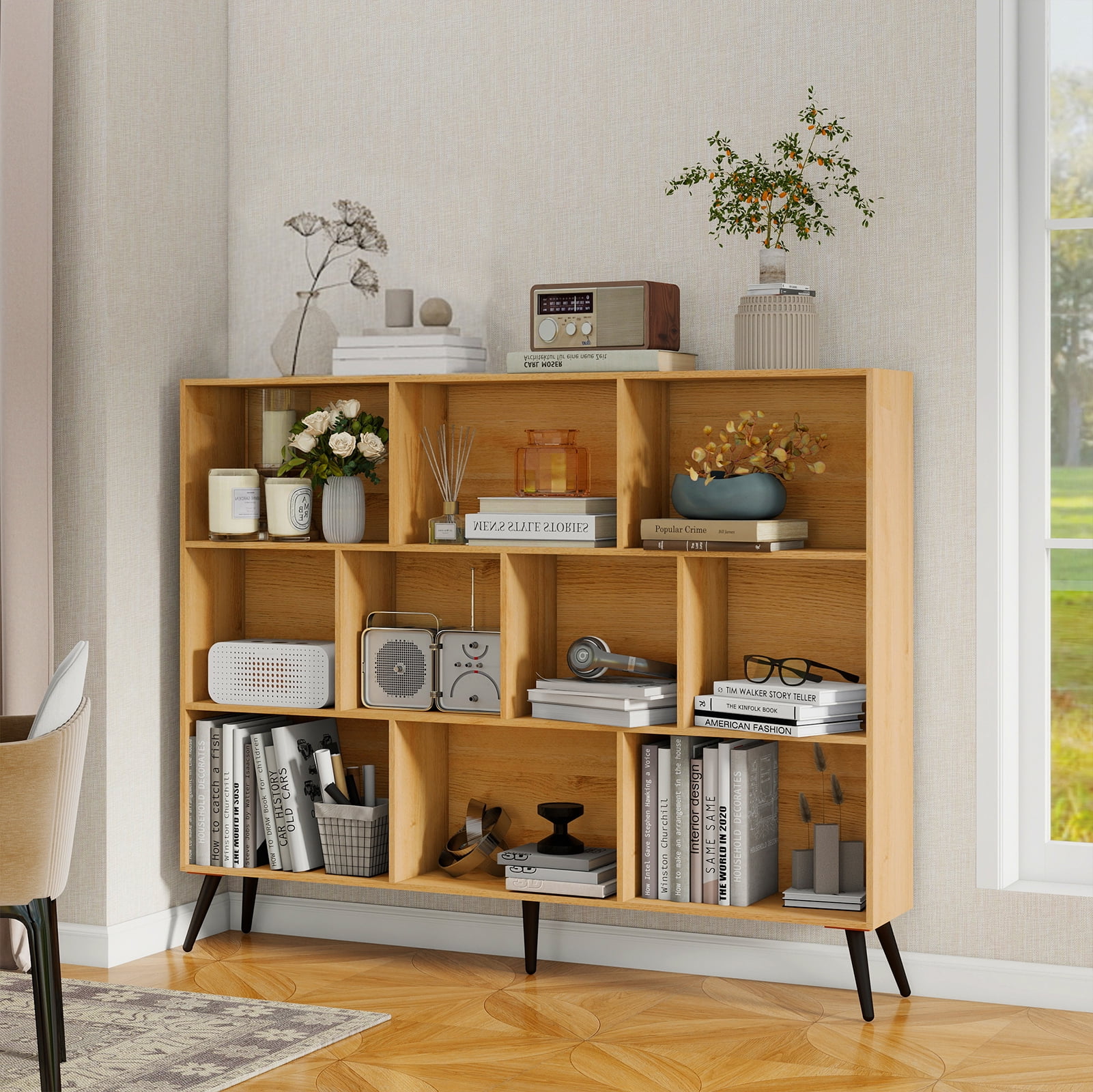 Wooden Cube Bookshelf,Mid-Century Modern 3-Tier Bookcase with Legs,Retro Wood Bookshelves Storage Organizer Shelf,Freestanding Open Book Shelves for Bedroom,Living Room,Office