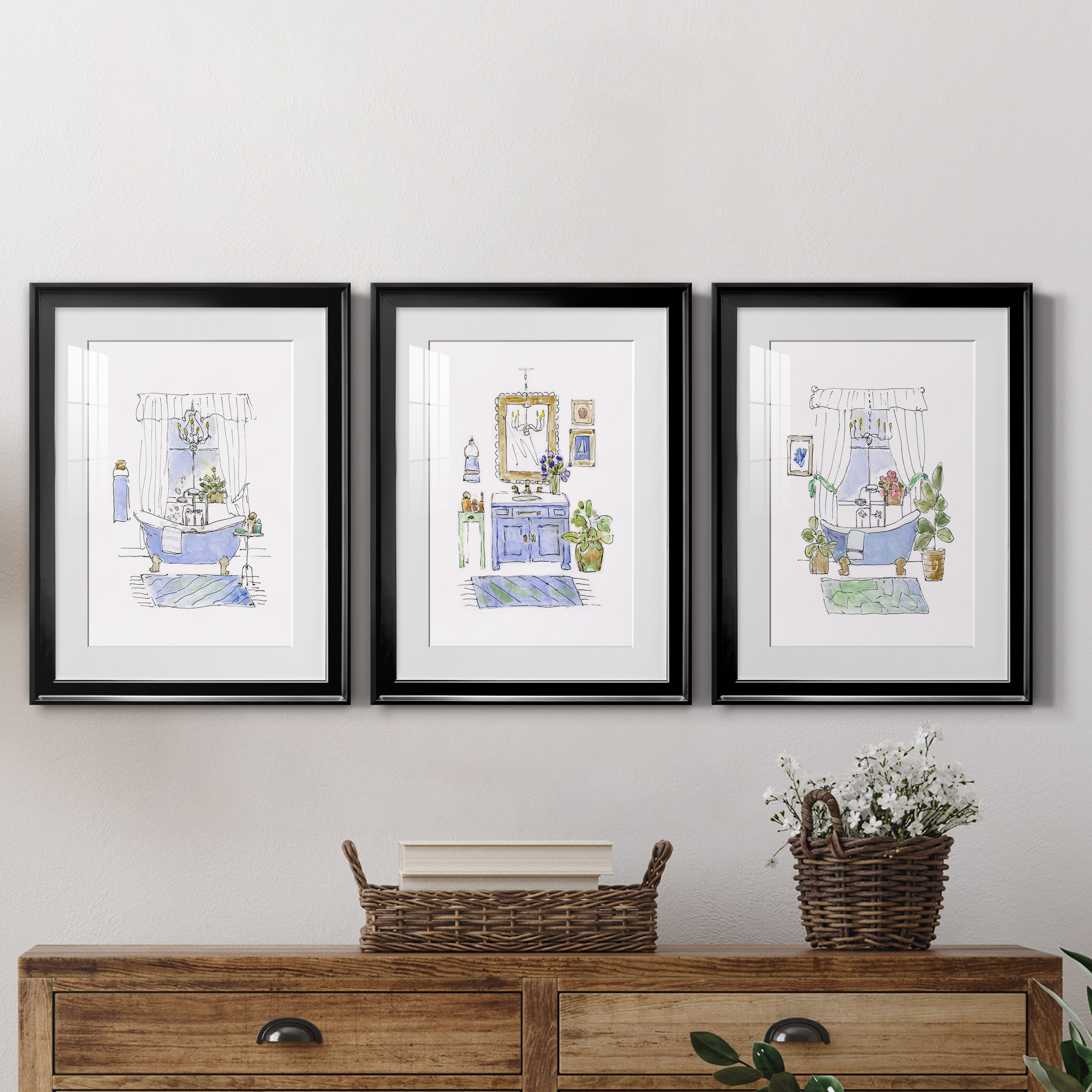 Sketchy Bath I Premium Framed Prints Set of 3 - Ready to Hang - 22 x 30 Each - Black Frame