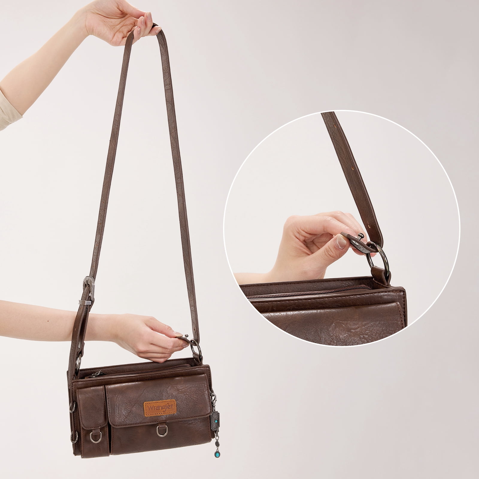 Wrangler Y2K Purse Small Shoulder Bag for Women Stylish Western Design with Detachable Charms Multiple Pockets, Coffee