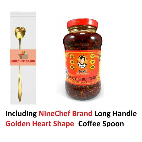 NineChef Brand Spoon Plus  Lao Gan Ma(Laoganma) Spicy Chili Crisp Hot Sauce Family/Restaurant Size 24.69 Oz.(700 g.)  NineChef Brand Long Handle Coffee Spoon