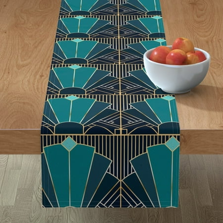 

Cotton Sateen Table Runner 108 - Teal Art Deco Navy Faux Gold Look 1920S Flapper Geometric Tile Print Custom Table Linens by Spoonflower