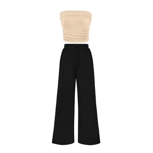 Conjunto de 2 Piezas para Mujer PRETTYGARDEN Top Corto de Canalé y Pantalones Negros XS