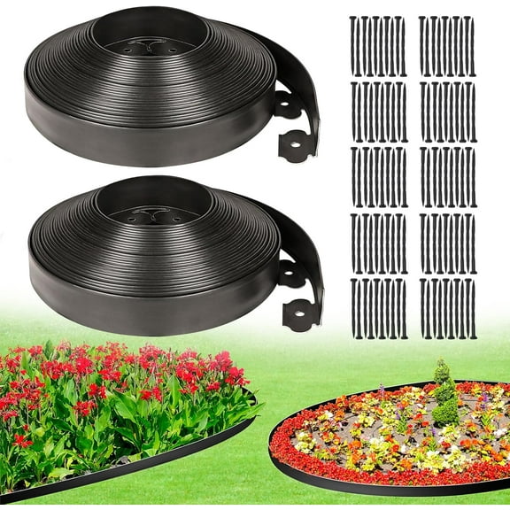 2 Inch Tall 100 FT Garden Edging Kit with 120pcs Spikes, Plastic Edging for Landscaping