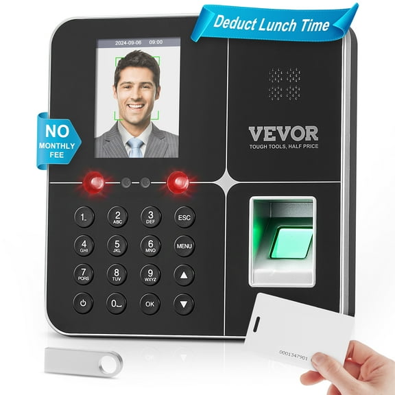 VEVOR Time Clocks for Employees Small Business with Face, Fingerprint, RFID and PIN Punching in One, Biometric Time Clock with 5 RFID Cards & USB Drive, Automatic Punch In/Out, No Monthly Fees