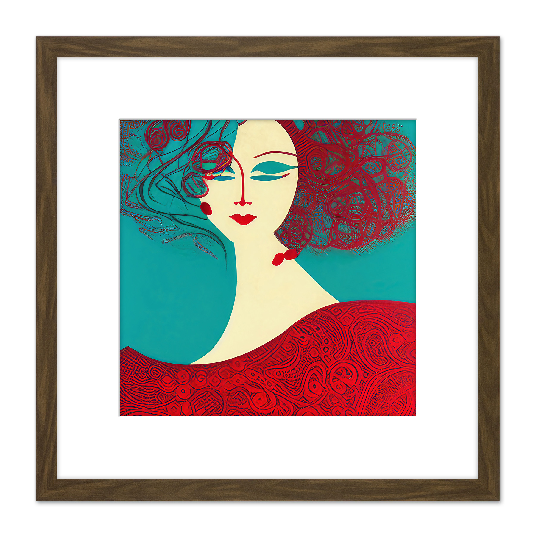 Modern Abstract Portrait Red Haired Woman Art Deco Illustration Square
