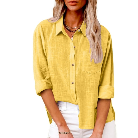 Summer Saving!EQWLJWE Linen Shirts Women Button Down Long Sleeve,Womens Long Sleeve Button Down Cotton Linen Shirt Blouse Loose Fit Casual V-Neck Tops,Womens Solid Long Sleeve Button Down Shirts