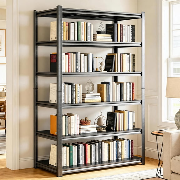 6 Tier Tall Bookshelf, Adjustable 40" Wide Industrial Bookcase, Heavy Duty Metal Shelving Unit, 3000LBS Book Storage Shelves, Metal Book Shelf for Bedroom, Living Room, Home, Office, 82"H×16"D, Black