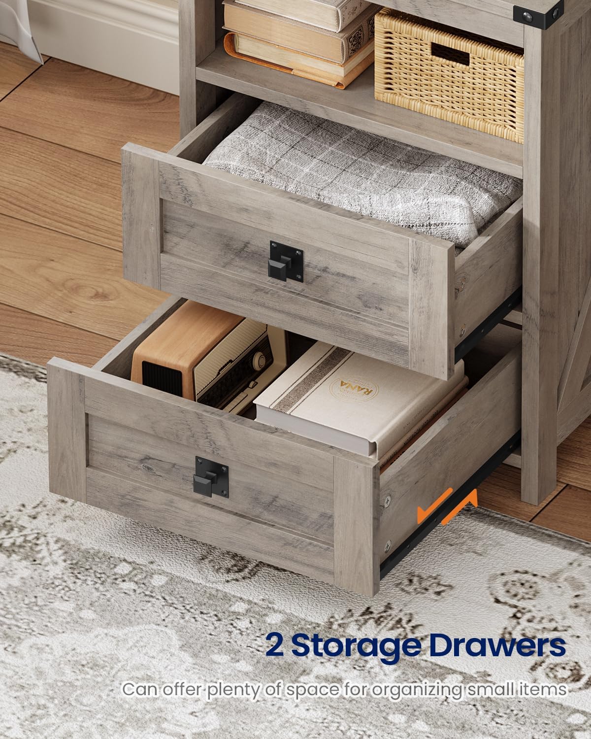 Farmhouse 51.6'' Tall Nightstand with Charging Station and LED Lights, Bed Side Table with 2 Drawers and Bookshelf & 6 Hooks, Easy to Assembly, Gray