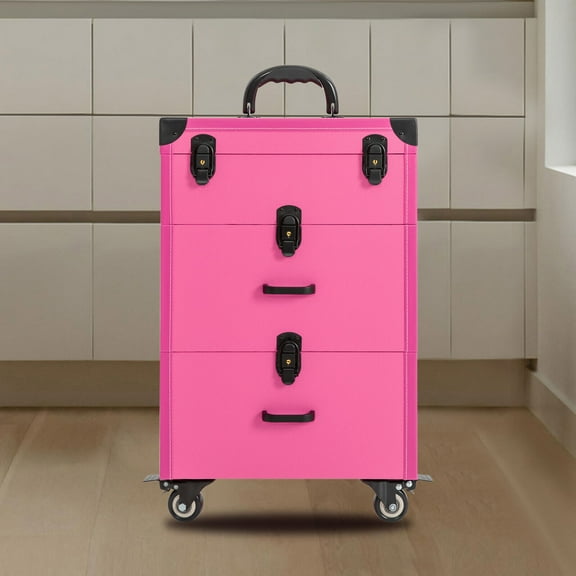 Rolling Makeup Train Case Aluminum Cosmetic Case Trolley with Drawer Lock Pink