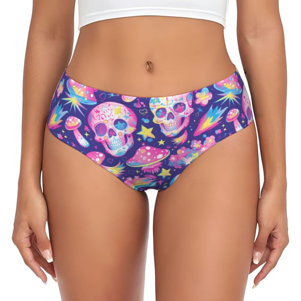 Fotbe Skull rainbow mushroom colorful Calzones Estampados para Mujer – Ropa Interior de Algodón, Cómoda, Suave y Elástica-X-Small