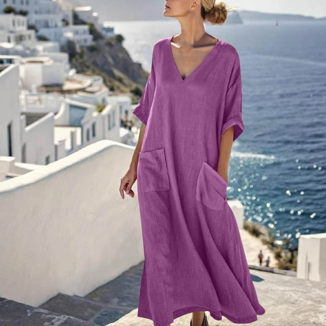 Ndbuld Robe d'Été Bohème pour Filles Robe de Soleil Mode Décontractée pour Femmes Col en V Couleur Unie Manches 3/4 avec Poches Robe Longue Liquidation à Moins de 5$