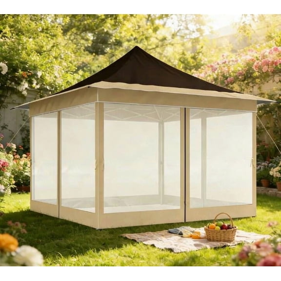 Patio Gazebos, Spacious Pop Up Tent,Canopy Tent with Mesh Netting,with Carry Bag,for Outdoor, Brown Backyard Gazebos,Metal Mesh,Oxfabric Large Gazebos, Garden & Outdoor Canopies & Gazebos Gazebos