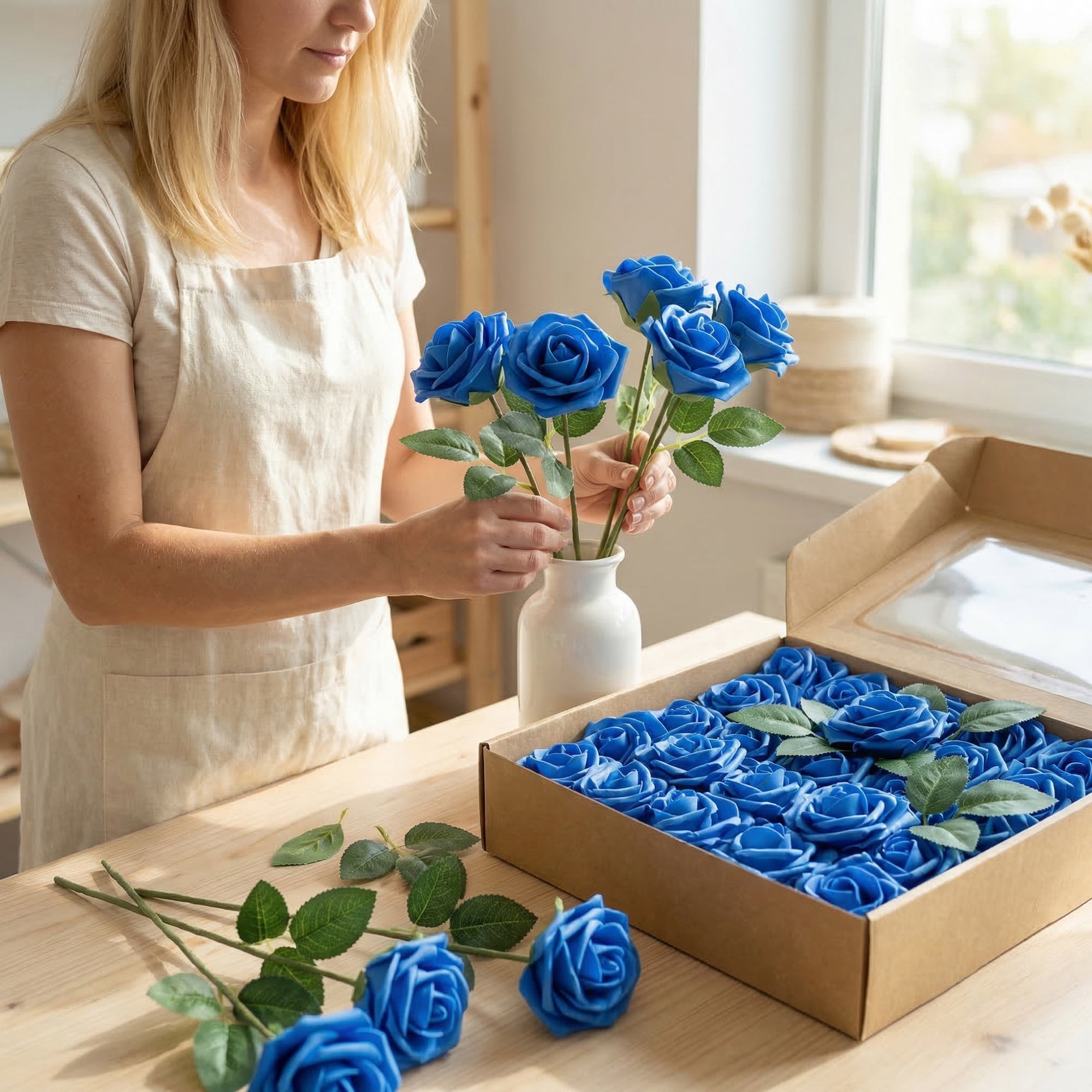 Unique Bargains Artificial Detachable Rose Silk Flower Dark Blue 7.1"