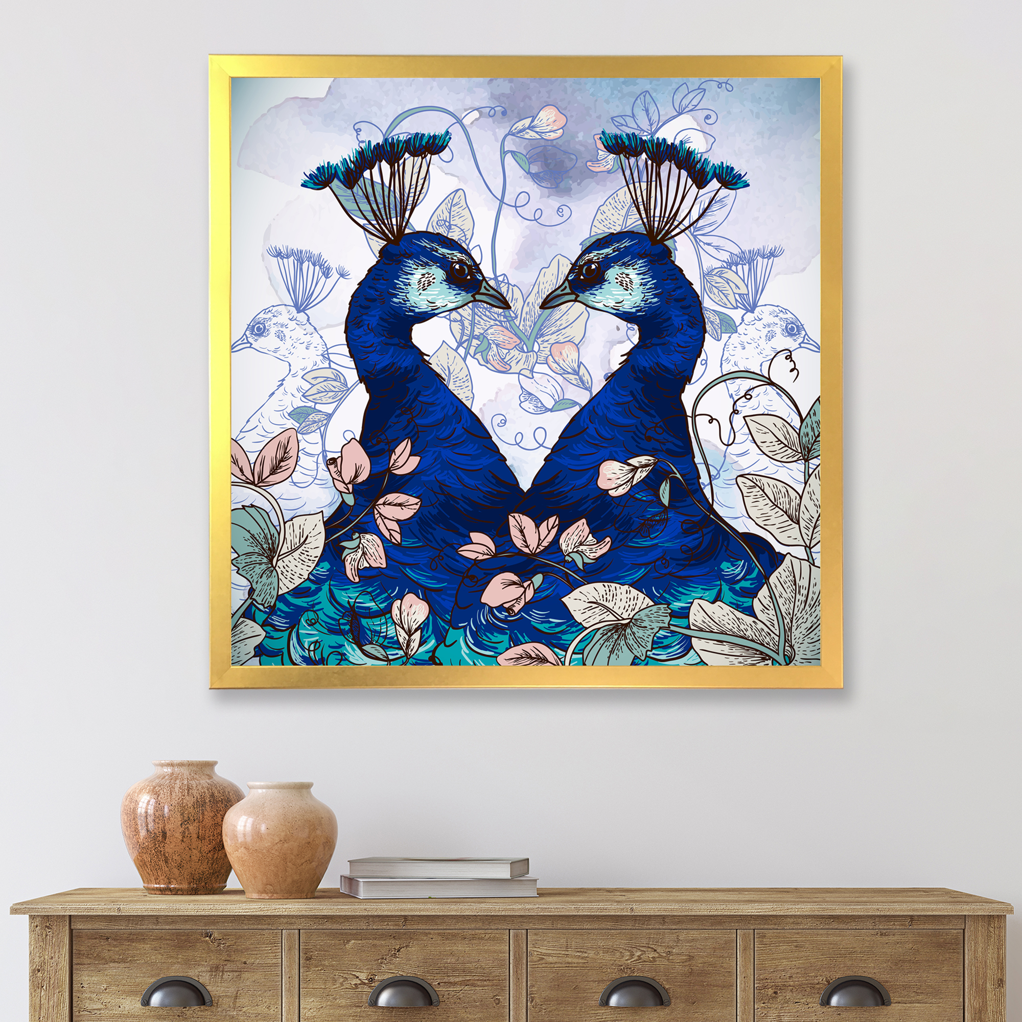 Designart 'Wildflowers With Two Blue Peacocks' Traditional Framed Art Print