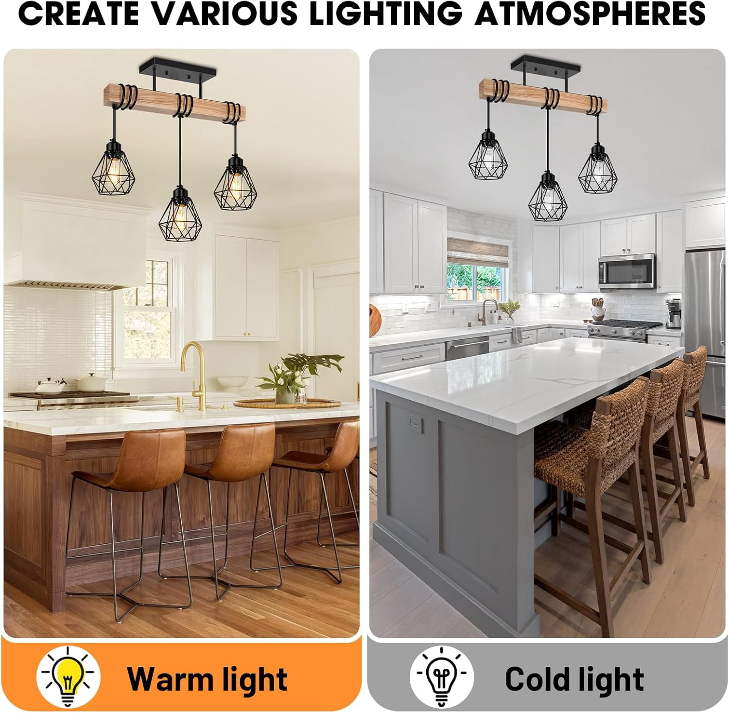 3 - Light Kitchen Island Lighting  Pendant Light Fixtures over Table Wood Hanging Lamp with Metal Shades for Dining Table Living Room Hallway