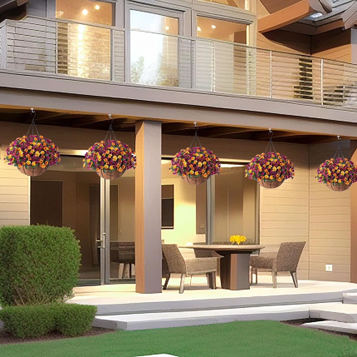 Artificial Hanging Flowers in Basket Patio Garden Porch Deck Spring Summer Decor, Faux Chrysanthemum Arrangement Fake Plants ines Coconut Lining Basket of Outdoor/Indoor Decor