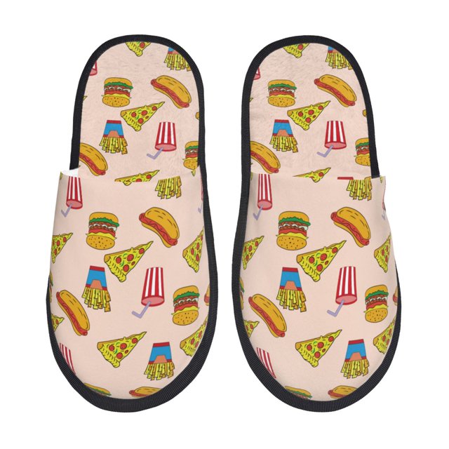 Fotbe Hamburger Pizza Pantuflas Peludas para Mujer con Estampado, Zapatillas de Peluche, Zapatos de Invierno para Casa, Uso Interior y Exterior-Medium