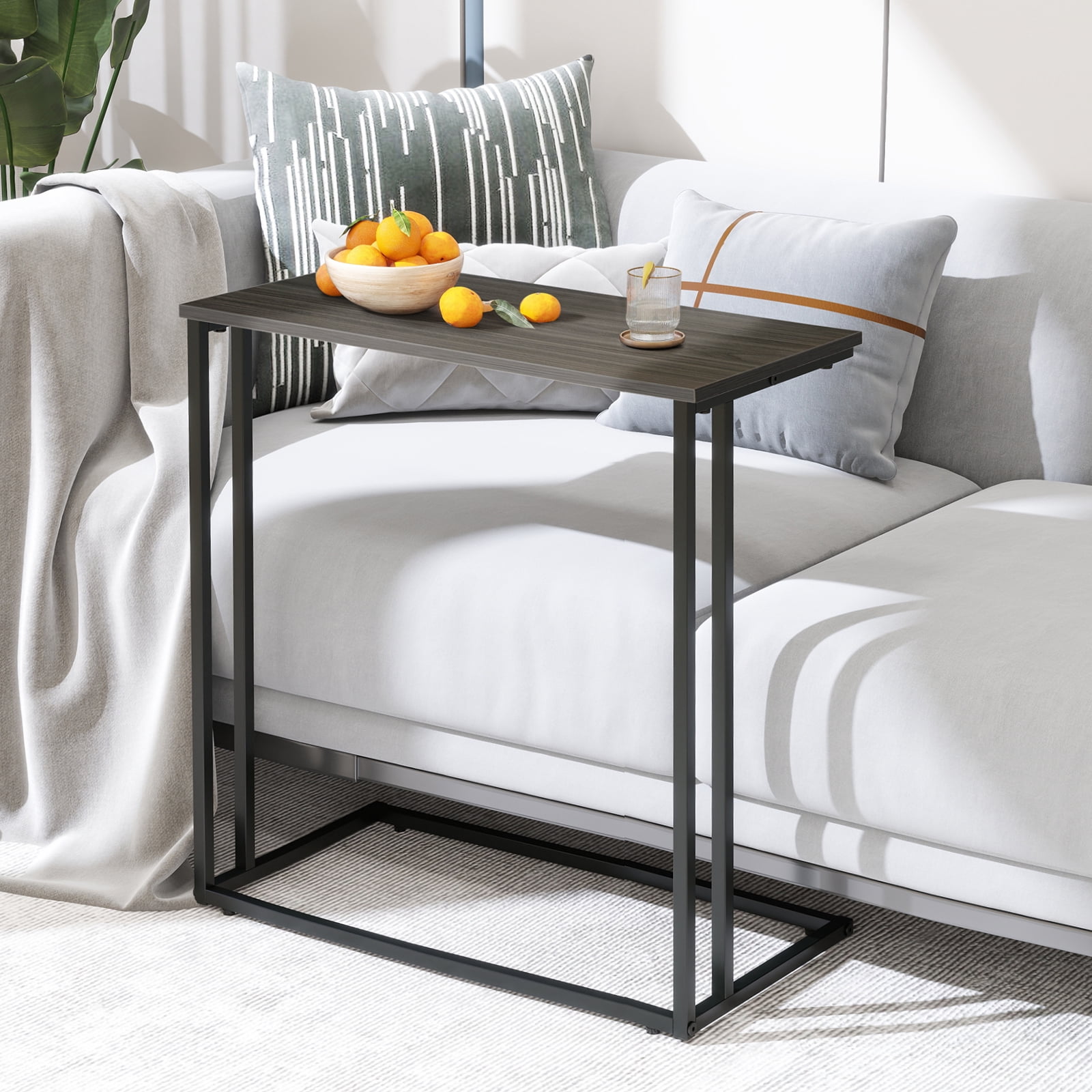 Krpimt C-Shaped End Table for Couch Sofa Side Table with Metal Frame for Bedroom, Living Room, 24.2"x 23.6"x 11.8"(HxWxD), Gray