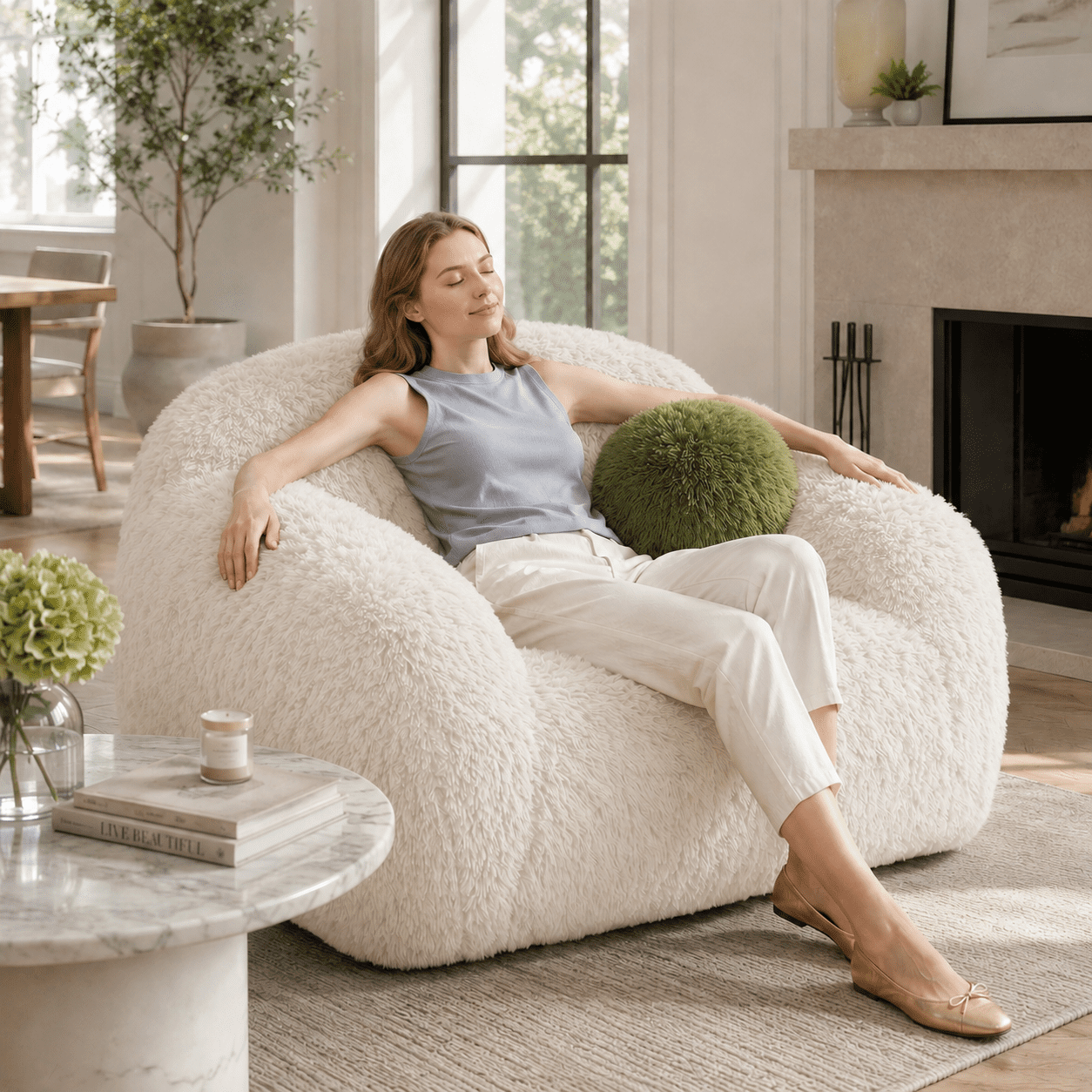 Aenkyo Oversized 360 Degree Swivel Accent Chair, Plush Faux Fur Barrel Sofa Chair, 25" Deep Seat, Sand