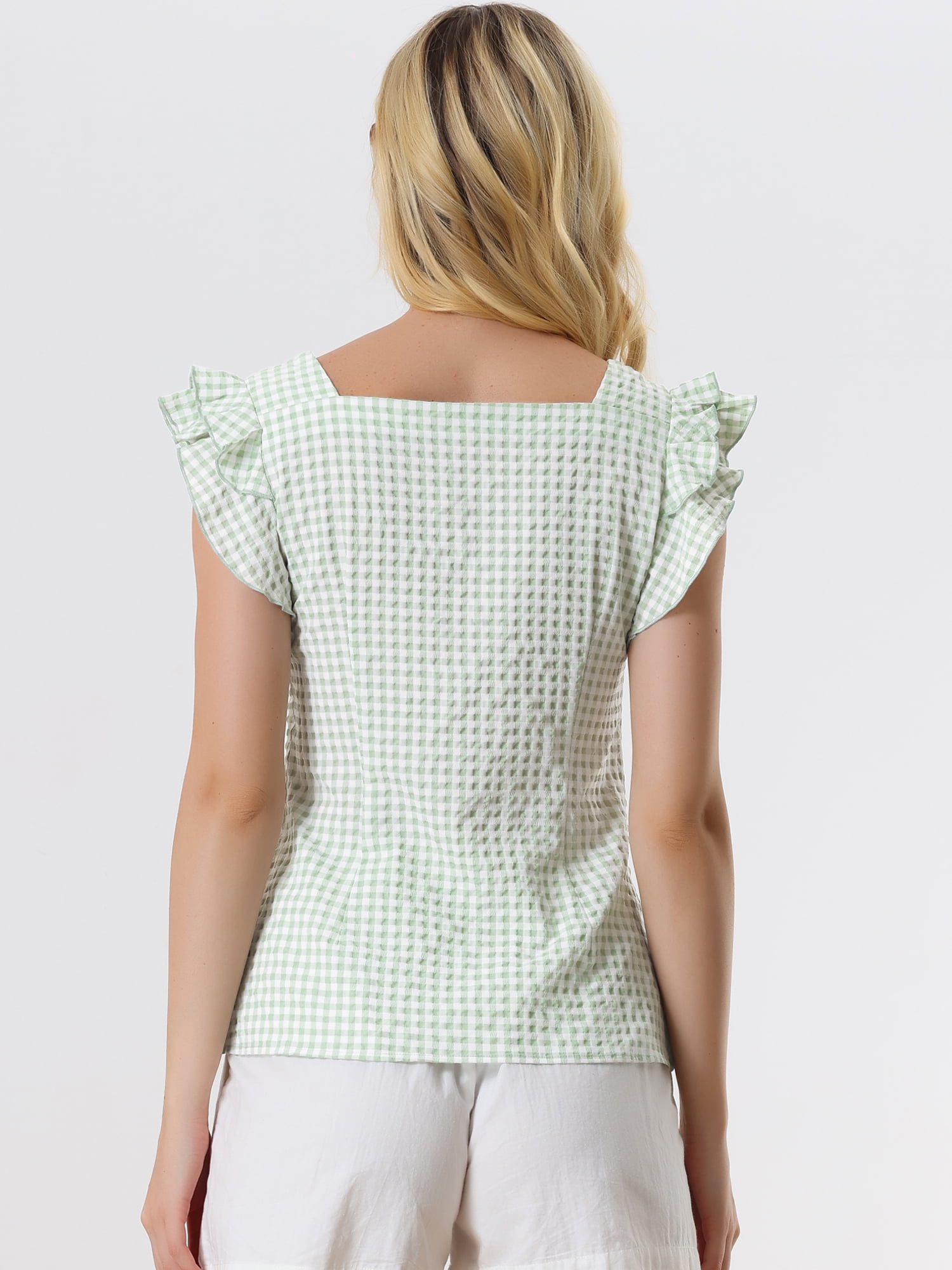 DARING DIVA Square Neck Ruffle Sleeve Blouse L Green