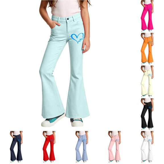 CAIVO Little Girls Heart Pattern Casual Pants Stretch Mid Waist Wide Leg Trousers Casual Streetwear Bottoms Boho Kids Bottoms