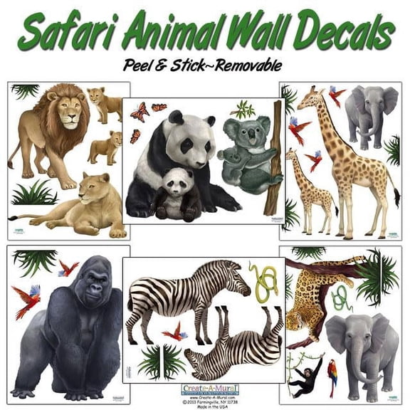 Safari Jungle Animal Wall Decals Kids Room Decor Wall Stickers Includes (16) Animal Decals 2"-10"