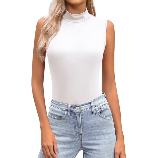 Camiseta sin mangas de cuello alto y corte ajustado para mujer: camiseta básica informal y elástica para combinar con otras prendas