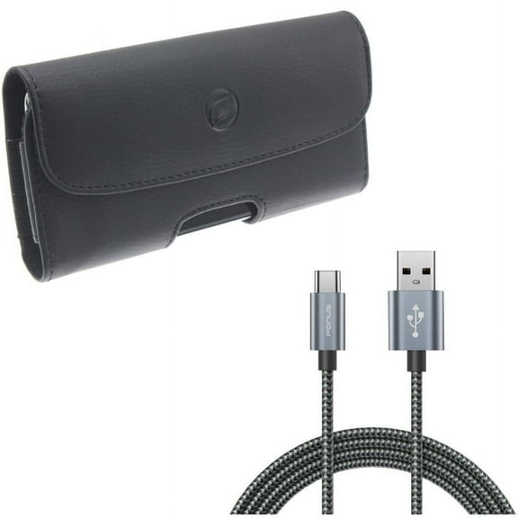 Black PU Leather Case Side Cover Protective Pouch w Braided 6ft Long Type-C USB Cable Wire Sync R8Y for Acer Liquid Jade Primo - ASUS ROG Phone, ZenFone AR 6 4 Pro - Blackberry Motion - BLU G9