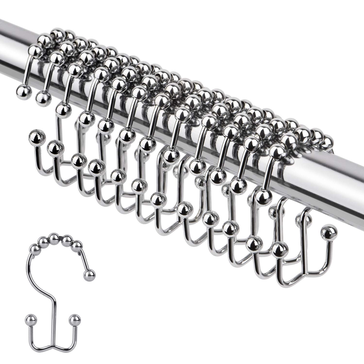 Double Shower Curtain Hooks Rings Premium Heavy Duty Set of 12, Chrome