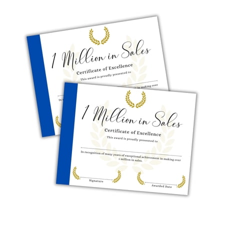 Million Dollar Sales Certificate Award 30pk 8.5x11 Realtor Loan Officer Lender Top Producer VIP Recognition Broker Agency Production Banquet