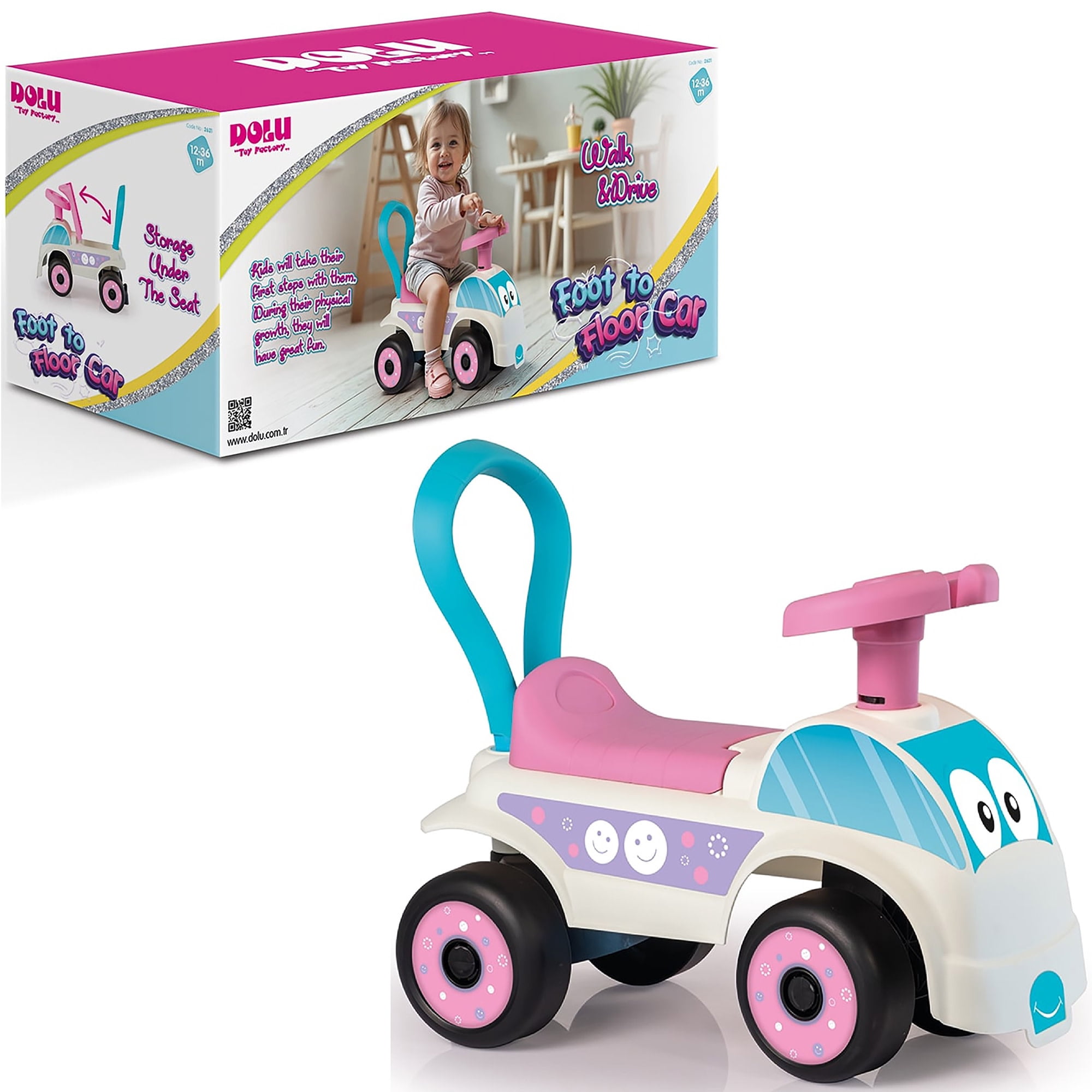 Dolu: Walk & Drive Foot to Floor Car - White & Pink - Ride-On Toy Vehicle, Horn, Storage Seat, Push-Pull Handle, Indoor-Outdoor Play, Toddlers 12mo+