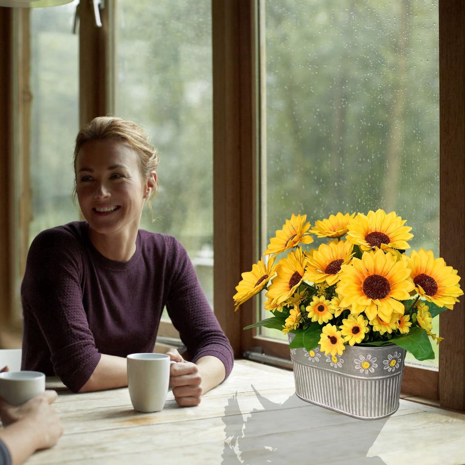 Fake Sunflowers in Pot, Faux Silk Flowers Floral Table Centerpiece tion, Rustic Potted Greenery for Farmhouse Home Décor