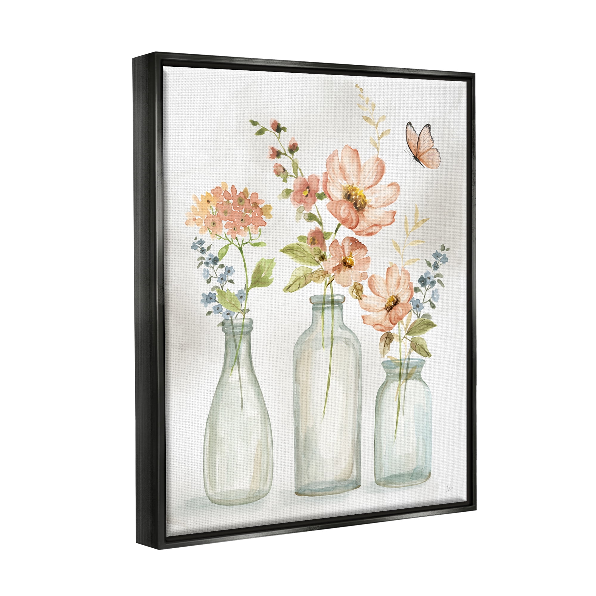 Stupell Industries Butterfly & Pink Florals Botanical & Floral Painting Black Floater Framed Canvas Art Print Wall Art, 25 x 31