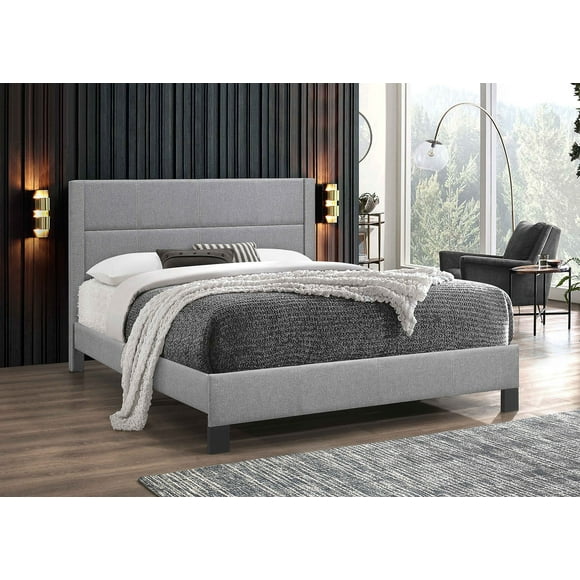 Lit Plateforme Rembourré en Tissu Capitonné - Gris