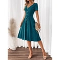 thumbnail image 3 of Teal Blue V-Neck Short Sleeve Fit & Flare Midi Dress With Gold-Tone Button Front, 3 of 7