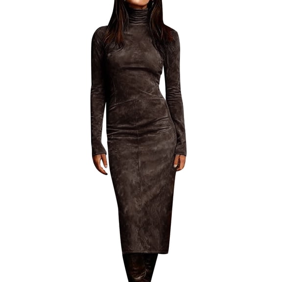 Htigea Women's Faux Suede Dress High Neck Long Sleeve Midi Dresses Elegant Cocktail Party Bodycon Dresses Coffee S