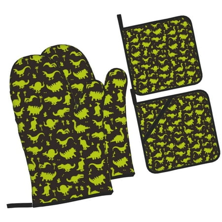 

Sikiie Cute Cartoon Dinosaurs Green Silhouette Pattern Oven Mitts and Pot Holders Silicone Oven Gloves Heat Resistant Oven Mitts 4Pcs Set