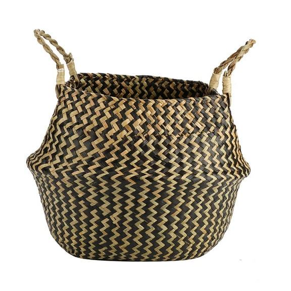 Storage Basket, Seagrass Basket Belly Plant Pot Woven Basket with Handle, Decorative Flowerpot Foldable Laundry Basket Toys Storage (black (wavy pattern))
