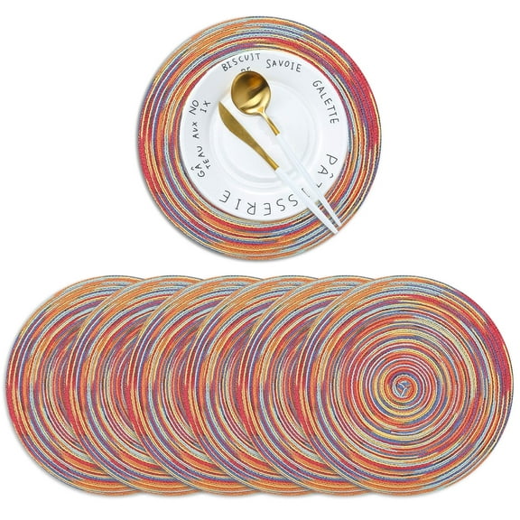 Round Woven Placemats Set of 6, 15-Inch Rainbow Colorful Boho Circle Placemats, Heat Resistant and Non-Slip for Kitchen Dining Table Decor