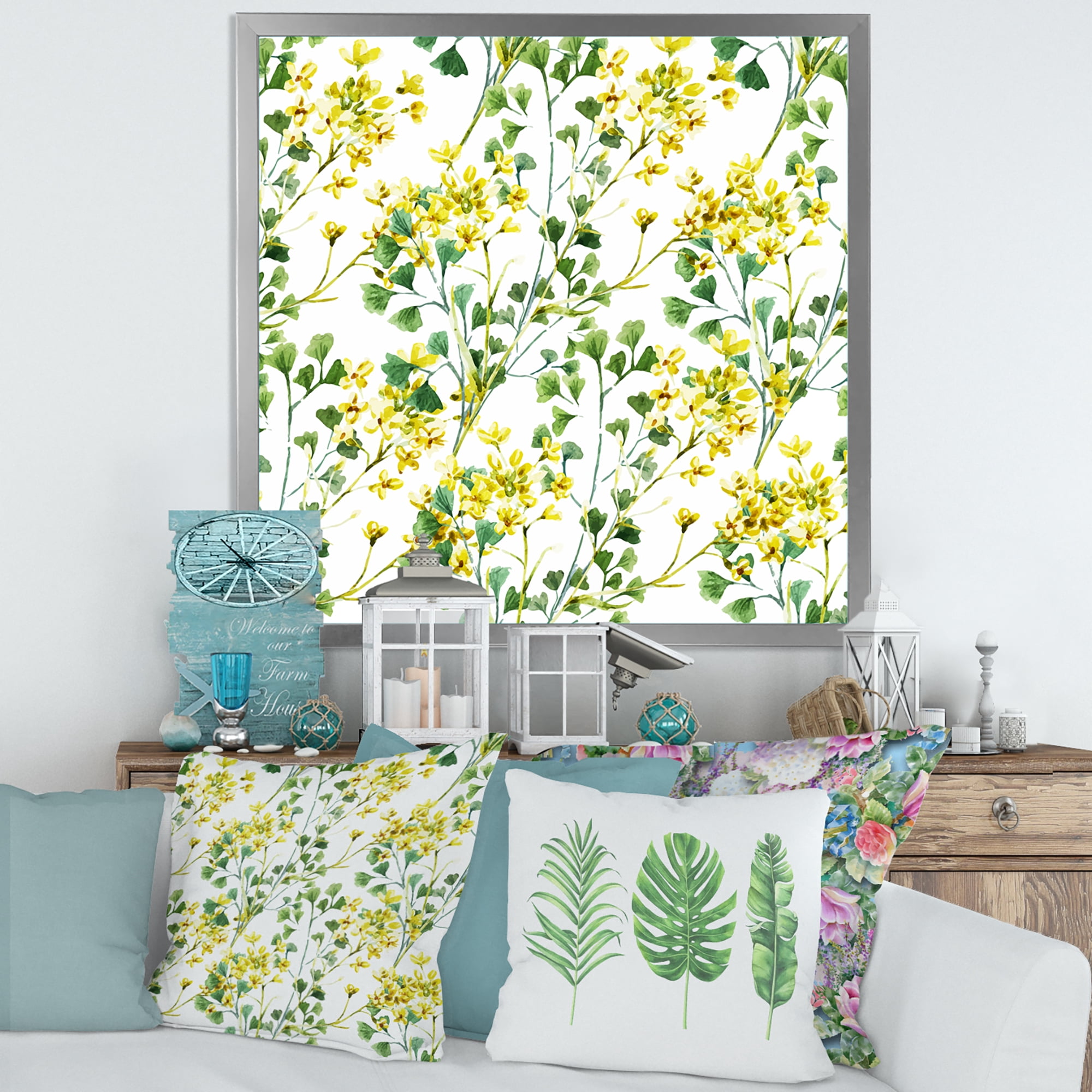 Designart 'Vibrant Yellow Summer Wildflowers On White' Traditional Framed Art Print