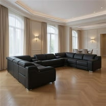 HomeRoots 632583 Black Italian Leather Power Reclining U Shaped 10 Piece Corner Sectional with Console