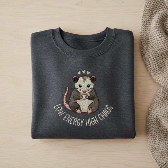 Embroidered Low Energy High Chaos Opossum Sweatshirt, Funny Possum Shirt, Cute Animal Lover Gift, Opossum Coffee Cup Crewneck