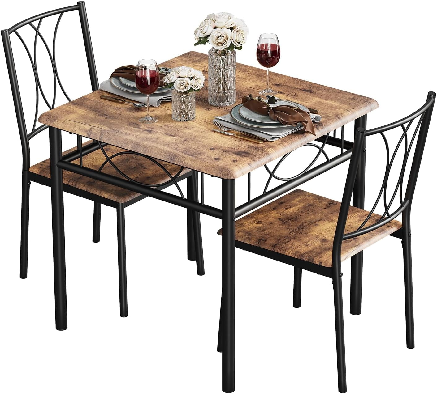 CABIHOME 3-Piece Dining Table Set For 2 - Retro Gray Square Kitchen Table With 2 Upholstered Chairs - View #4