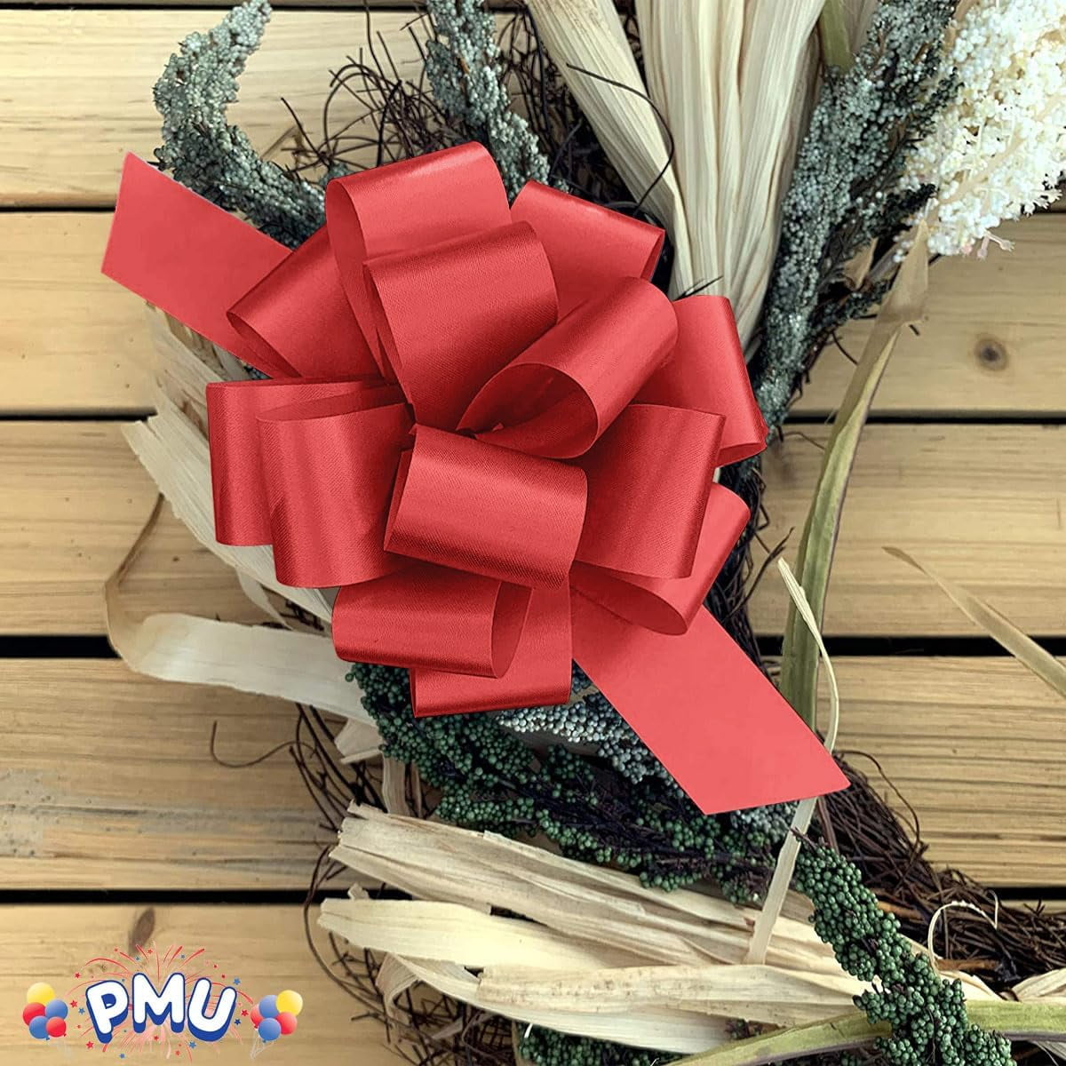 PMU Pull String Bows - Gift Bows for Wedding, Birthdays & Anniversaries - Ribbon Bows for Flowers & Basket Decoration - Large Bow for Gift Wrapping - 5 Inch 20 Loops Red- (50/pkg)Pkg/1