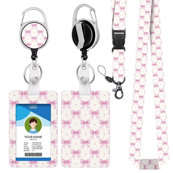 Pink Bows ID Badge Holder with Lanyard, Breakaway Neck Lanyards for Id Badges Key, Cute Polka Dot Badge Retractable Reel Badge Clip for Teacher Nurse Student Women
