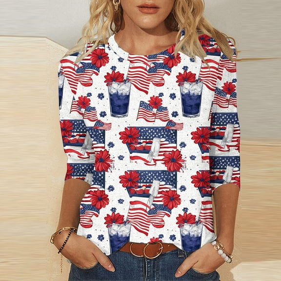 asdoklhq Womens Cute Tops 3/4 Length Sleeve Shirts Colorful Graphic Tees Women Crew Neck 3/4 Sleeve Flag Star Print T-Shirt Casual Loose Patriotic Top Red 3X