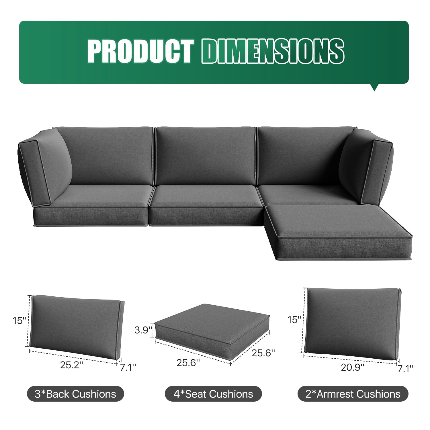 Clouddwell 9-Piece Outdoor Cushion Set for 4-Seat Wicker Sectional - Waterproof, High-Resilience Foam (Dark Gray)