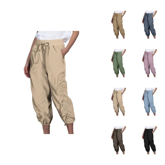 Capri Pants for Women Summer Casual Lightweight Elastic Waist Ruched Quick Drying Travel Hiking Pants with Pockets