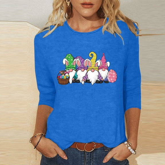 Kayannuo Easter Print Long Sleeve Shirts for Women Women's Printed Round Neck Easter Printed 3/4 Sleeve T-shirt Round Neck Pullover Top Womens Fashion
