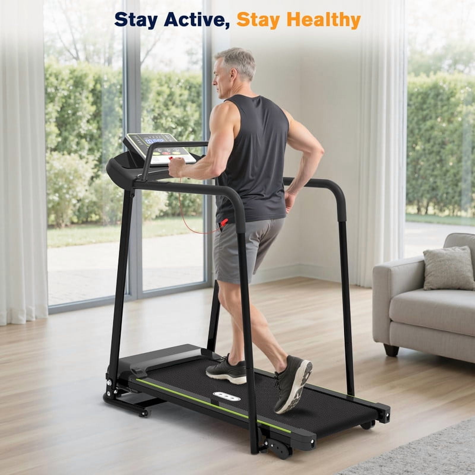 Redliro Senior Treadmill with Long Side Handrails, 300lbs Capacity, LED Display & Heart Rate Sensor, Safe Walking Treadmill for Elderly
